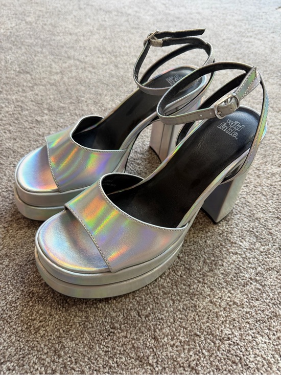 wild fable Shoes - wild fable Iridescent Silver Metallic Holographic Platform Heel Sandals Y2K